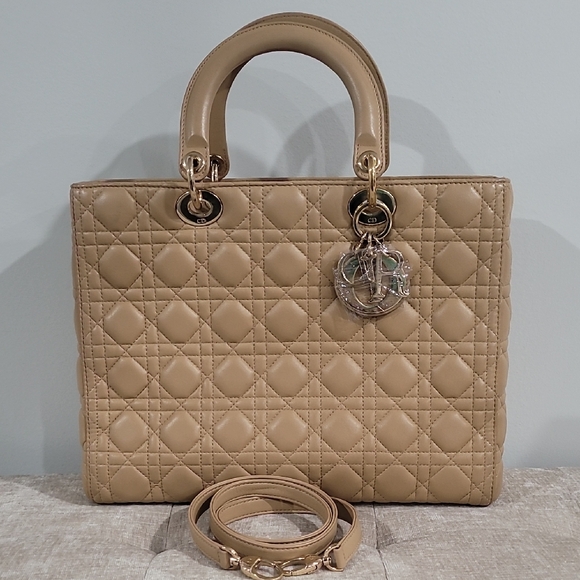 Chtistian Dior Lady Dior  Tan Satchel with Iconic Cannage Quilting - Picture 1 of 15